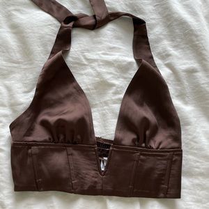 Garage brown satin halter crop top with an adjustable waist, size small